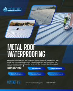  Technician sealing joints and screw heads on a corrugated metal shed in Hub Balochistan.